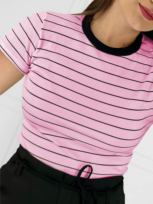 Camiseta Listrada Blogueira Canelada Básica Summer Verão Casual Traf Envio Rápido Frete Grátis Confortável Malha Casual